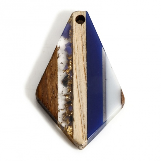 Image de 2 Pcs Pendentifs Résine à Effet de Bois Bleu Foncé Quadrilatère Rayées à Strass Graviers 3.3cm x 2cm