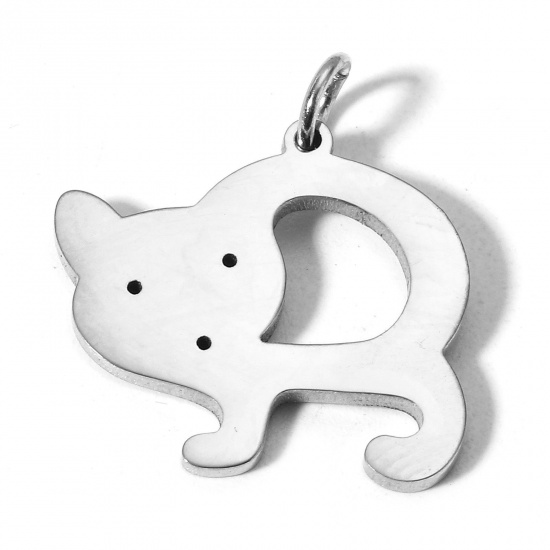 Picture of 1 Piece 304 Stainless Steel Charms Silver Tone Cat Animal Mirror Polishing 20mm x 18mm