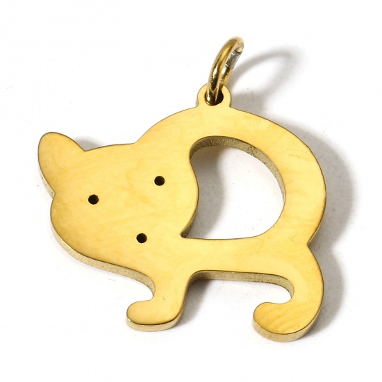 Picture of 1 Piece 304 Stainless Steel Charms 18K Gold Color Cat Animal Mirror Polishing 20mm x 18mm