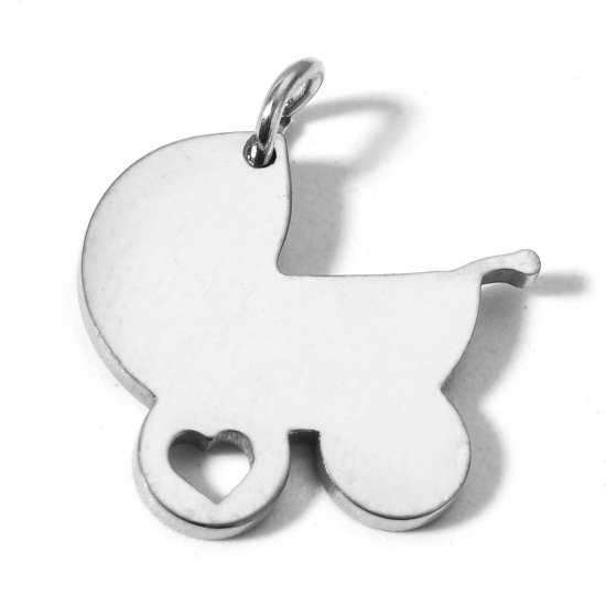 Picture of 1 Piece 304 Stainless Steel Charms Silver Tone Baby Carriage Mirror Polishing 18.5mm x 17mm
