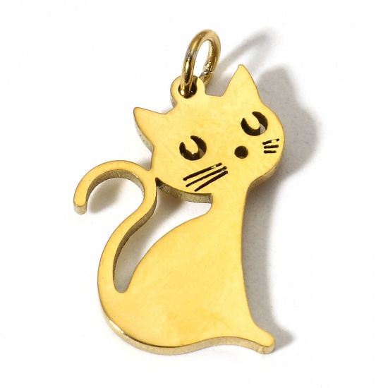 Picture of 1 Piece 304 Stainless Steel Charms 18K Gold Color Cat Animal Mirror Polishing 22mm x 14mm