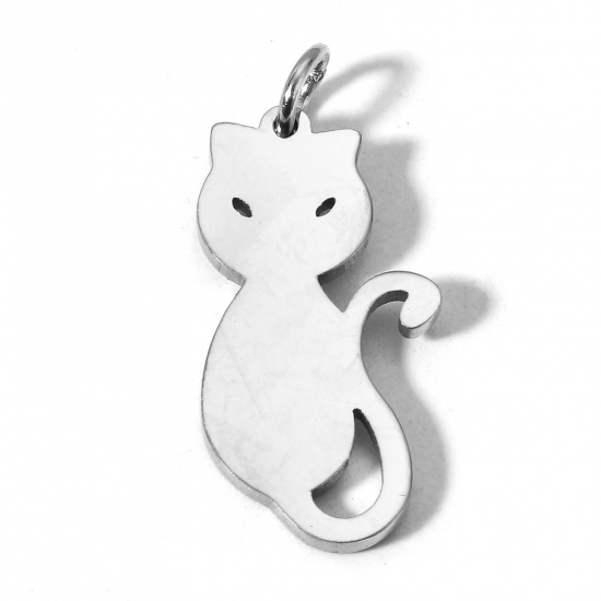 Picture of 1 Piece 304 Stainless Steel Charms Silver Tone Cat Animal Mirror Polishing 24mm x 11mm
