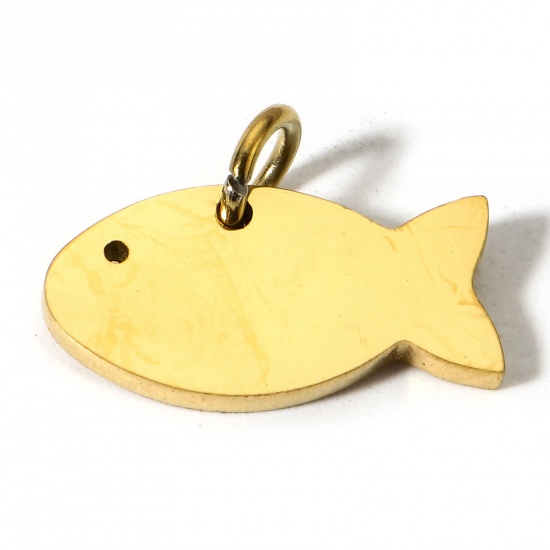 Picture of 1 Piece Eco-friendly PVD Vacuum Plating 304 Stainless Steel Ocean Jewelry Blank Stamping Tags Charms Fish Animal 18K Gold Plated Mirror Polishing 15mm x 11mm