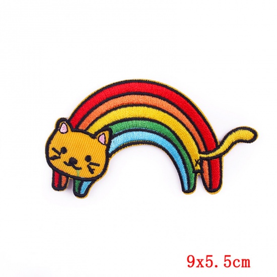Picture of 1 Piece Polyester Appliques Patches DIY Scrapbooking Multicolor Cat Animal Rainbow 9cm x 5.5cm