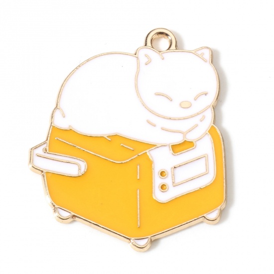 Bild von 10 Stück Zinklegierung Charms Vergoldet Weiß & Gelb Katze Emaille 29mm x 25mm