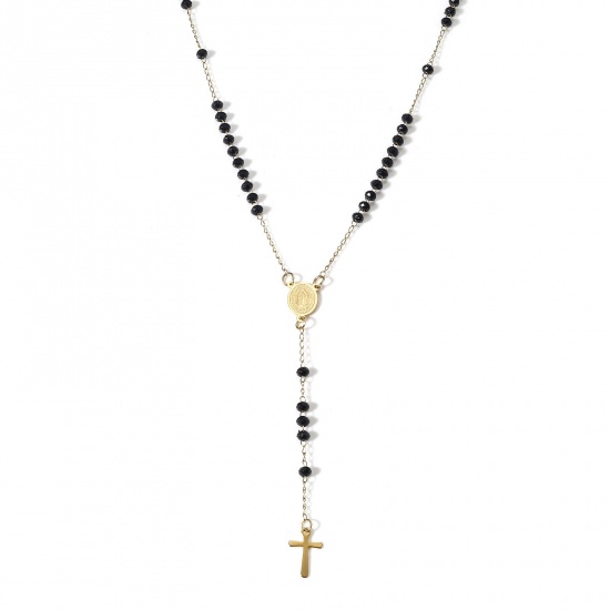 Picture of 1 Piece 304 Stainless Steel & Glass Religious Handmade Link Chain Prayer Beads Rosary Necklace Gold Plated Black Cross Virgin Mary 54cm(21 2/8") long