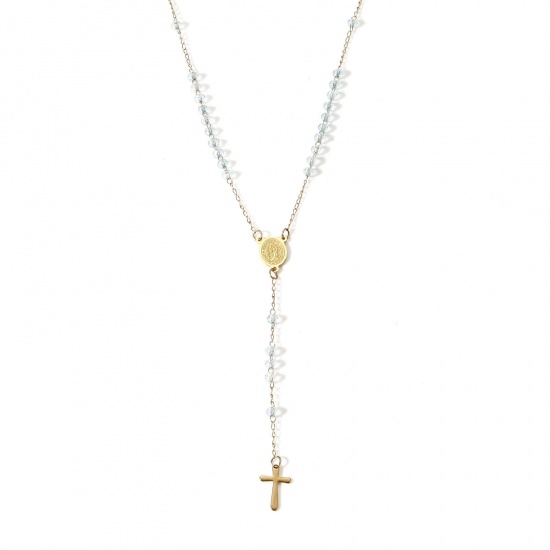 Picture of 1 Piece 304 Stainless Steel & Glass Religious Handmade Link Chain Prayer Beads Rosary Necklace Gold Plated Light Blue Cross Virgin Mary 54cm(21 2/8") long