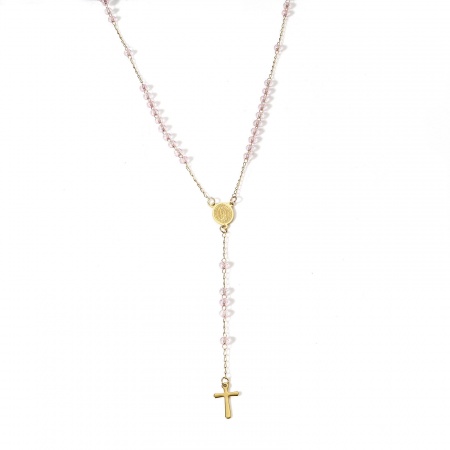 Immagine di Croce Vergine Maria Rosa Chiaro Collana con Rosario con Perline di Preghiera All'Ingrosso, Oro Placcato 304 Acciaio Inossidabile & Vetro Catena a Maglia Fatta a Mano, Donne Religione Regalo Gioielli Per Rivenditore, 54cm Lunghezza, 1 Pz