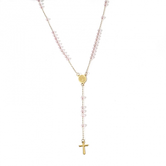 Picture of 1 Piece 304 Stainless Steel & Glass Religious Handmade Link Chain Prayer Beads Rosary Necklace Gold Plated Light Pink Cross Virgin Mary 54cm(21 2/8") long