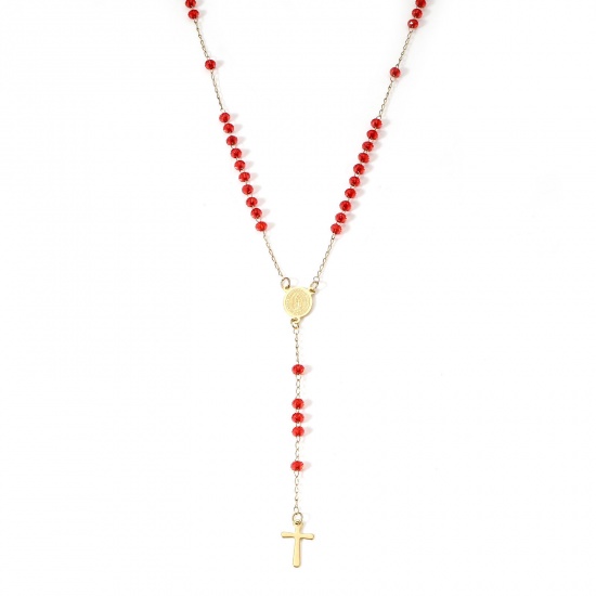 Picture of 1 Piece 304 Stainless Steel & Glass Religious Handmade Link Chain Prayer Beads Rosary Necklace Gold Plated Red Cross Virgin Mary 54cm(21 2/8") long