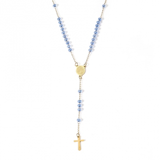 Picture of 1 Piece 304 Stainless Steel & Glass Religious Handmade Link Chain Prayer Beads Rosary Necklace Gold Plated Blue Cross Virgin Mary 54cm(21 2/8") long