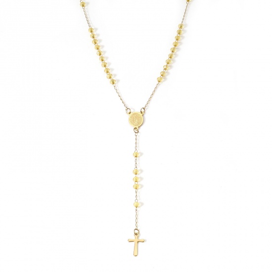 Picture of 1 Piece 304 Stainless Steel & Glass Religious Handmade Link Chain Prayer Beads Rosary Necklace Gold Plated Yellow Cross Virgin Mary 54cm(21 2/8") long