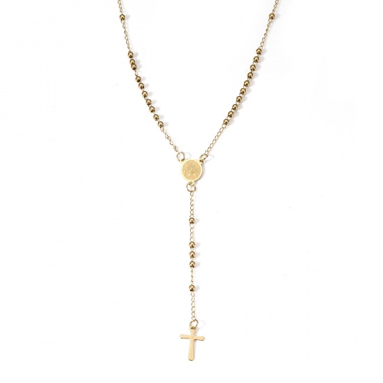 Picture of 1 Piece 304 Stainless Steel & Glass Religious Handmade Link Chain Prayer Beads Rosary Necklace Gold Plated Cross Virgin Mary 54cm(21 2/8") long