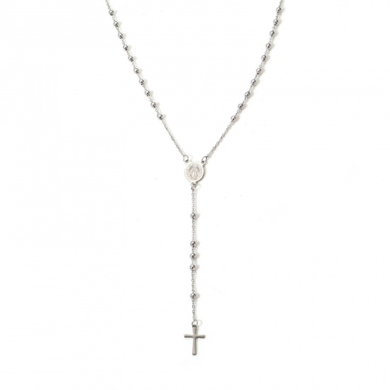 Picture of 1 Piece 304 Stainless Steel & Glass Religious Handmade Link Chain Prayer Beads Rosary Necklace Silver Tone Cross Virgin Mary 54cm(21 2/8") long