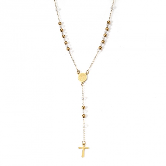 Picture of 1 Piece 304 Stainless Steel & Glass Religious Handmade Link Chain Prayer Beads Rosary Necklace Gold Plated Cross Virgin Mary 54cm(21 2/8") long