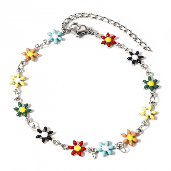 Image de 1 Pièce Bracelets en 304 Acier Inoxydable Argent Mat Multicolore Marguerite Émail Double Face 16cm long