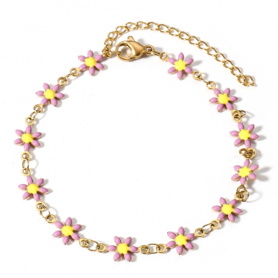 Picture of 1 Piece Vacuum Plating 304 Stainless Steel Bracelets Gold Plated Mauve Daisy Flower Double-sided Enamel 16cm(6 2/8") long
