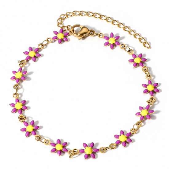 Picture of 1 Piece Vacuum Plating 304 Stainless Steel Bracelets Gold Plated Purple Daisy Flower Double-sided Enamel 16cm(6 2/8") long