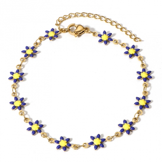 Picture of 1 Piece Vacuum Plating 304 Stainless Steel Bracelets Gold Plated Dark Blue Daisy Flower Double-sided Enamel 16cm(6 2/8") long