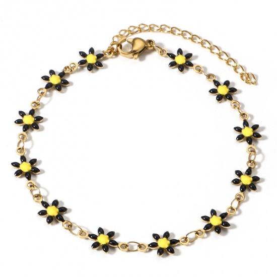 Picture of 1 Piece Vacuum Plating 304 Stainless Steel Bracelets Gold Plated Black Daisy Flower Double-sided Enamel 16cm(6 2/8") long