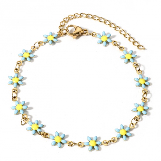 Picture of 1 Piece Vacuum Plating 304 Stainless Steel Bracelets Gold Plated Blue Daisy Flower Double-sided Enamel 16cm(6 2/8") long