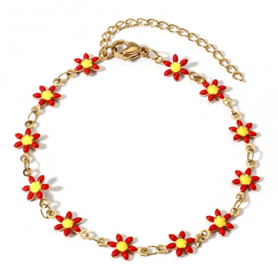 Picture of 1 Piece Vacuum Plating 304 Stainless Steel Bracelets Gold Plated Red Daisy Flower Double-sided Enamel 16cm(6 2/8") long
