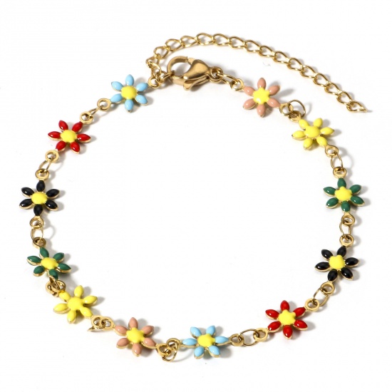 Picture of 1 Piece Vacuum Plating 304 Stainless Steel Bracelets Gold Plated Multicolor Daisy Flower Double-sided Enamel 16cm(6 2/8") long