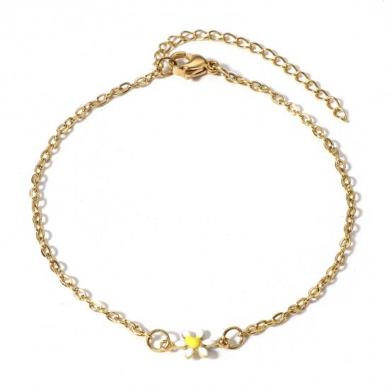 Picture of 1 Piece Eco-friendly PVD Vacuum Plating 304 Stainless Steel Bracelets Gold Plated Yellow Daisy Flower Double-sided Enamel 16cm(6 2/8") long