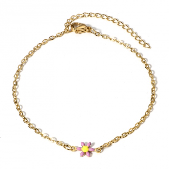 Picture of 1 Piece Eco-friendly PVD Vacuum Plating 304 Stainless Steel Bracelets Gold Plated Mauve Daisy Flower Double-sided Enamel 16cm(6 2/8") long
