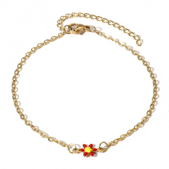 Picture of 1 Piece Eco-friendly PVD Vacuum Plating 304 Stainless Steel Bracelets Gold Plated Red Daisy Flower Double-sided Enamel 16cm(6 2/8") long