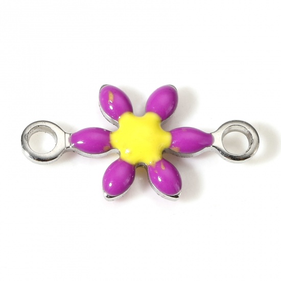 Picture of 10 PCs 304 Stainless Steel Connectors Charms Pendants Silver Tone Purple Flower Double-sided Enamel 12.5mm x 6.5mm