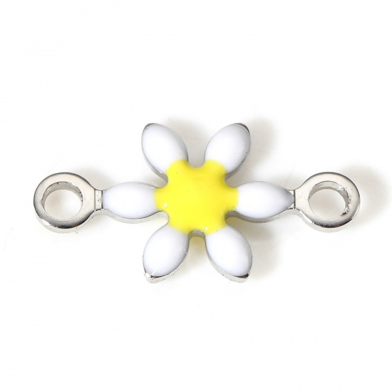 Picture of 10 PCs 304 Stainless Steel Connectors Charms Pendants Silver Tone White Flower Double-sided Enamel 12.5mm x 6.5mm