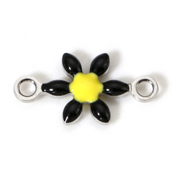 Picture of 10 PCs 304 Stainless Steel Connectors Charms Pendants Silver Tone Black Flower Double-sided Enamel 12.5mm x 6.5mm