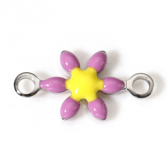 Immagine di 10 Pz 304 Acciaio Inossidabile Pendenti Charms Connettori Fiore Tono Argento Viola Chiaro Smalto a Doppia Faccia 12.5mm x 6.5mm