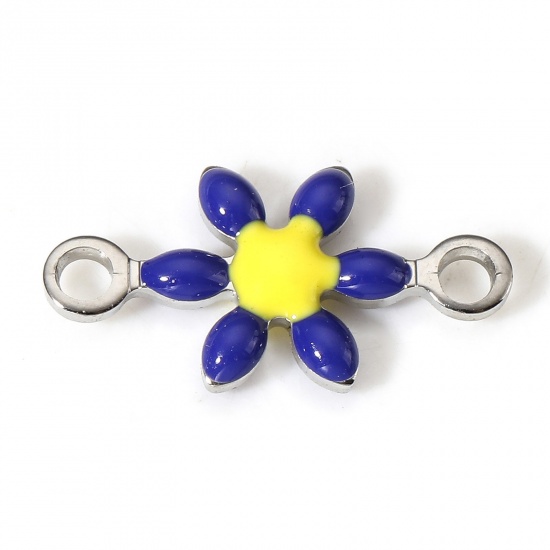 Picture of 10 PCs 304 Stainless Steel Connectors Charms Pendants Silver Tone Dark Blue Flower Double-sided Enamel 12.5mm x 6.5mm
