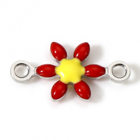 Picture of 10 PCs 304 Stainless Steel Connectors Charms Pendants Silver Tone Red Flower Double-sided Enamel 12.5mm x 6.5mm