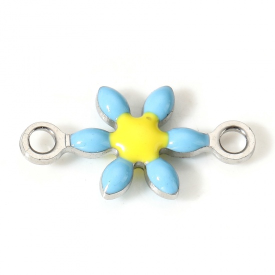 Picture of 10 PCs 304 Stainless Steel Connectors Charms Pendants Silver Tone Blue Flower Double-sided Enamel 12.5mm x 6.5mm