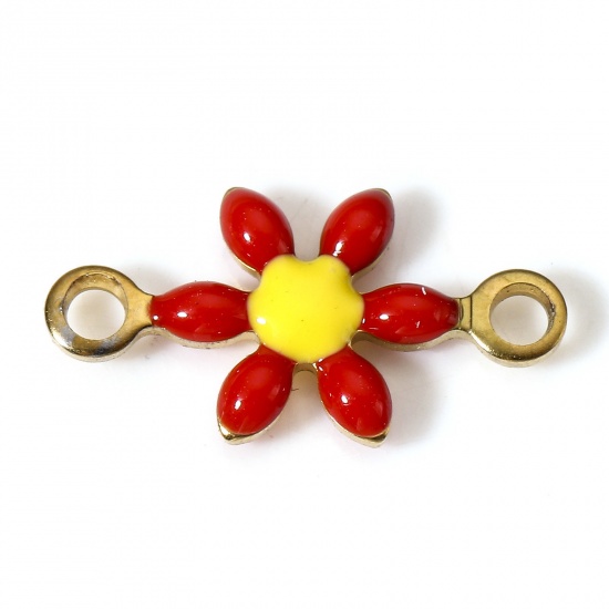 Bild von 10 Stück Umweltfreundliche PVD-Vakuumbeschichtung 304 Edelstahl Steckverbinder Charms Anhänger Blumen Vergoldet Rot Doppelseitige Emaille 12.5mm x 6.5mm