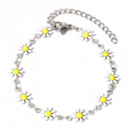 Immagine di 1 Pz 304 Acciaio Inossidabile Braccialetti Tono Argento Bianco Fiore Margherita Smalto a Doppia Faccia 16cm Lunghezza