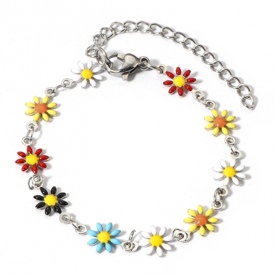 Immagine di 1 Pz 304 Acciaio Inossidabile Braccialetti Tono Argento Multicolore Fiore Margherita Smalto a Doppia Faccia 16cm Lunghezza