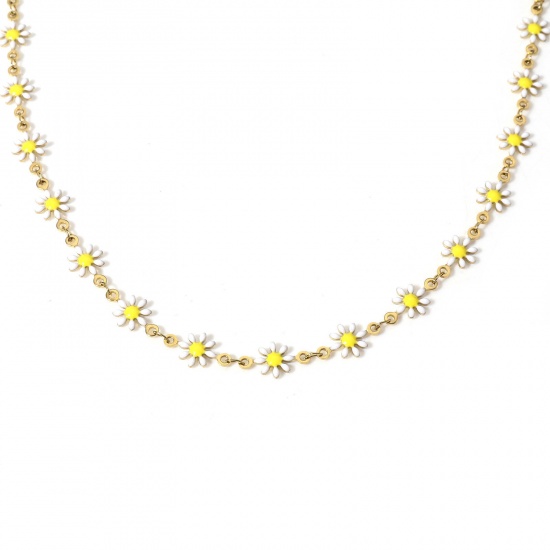 Picture of 1 Piece 304 Stainless Steel Handmade Link Chain Necklace Gold Plated White Daisy Flower Double-sided Enamel 42cm(16 4/8") long