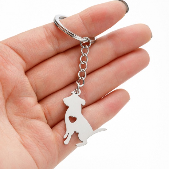 Picture of 1 Piece 304 Stainless Steel Bracelets & Keychain Dog Animal Silver Tone Hollow 30mm x 25mm