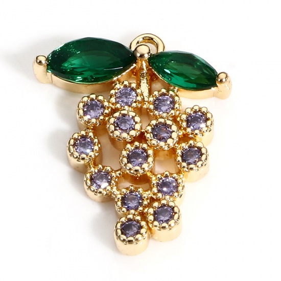 Picture of 2 PCs Brass Charms 18K Real Gold Plated Purple Grape Fruit Green Cubic Zirconia 16mm x 13mm                                                                                                                                                                   