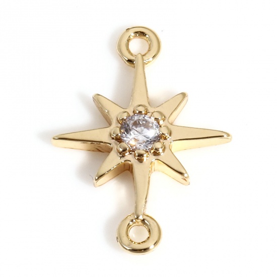 Picture of 2 PCs Brass Galaxy Connectors Charms Pendants 18K Real Gold Plated Star Clear Cubic Zirconia 12mm x 8.5mm                                                                                                                                                     