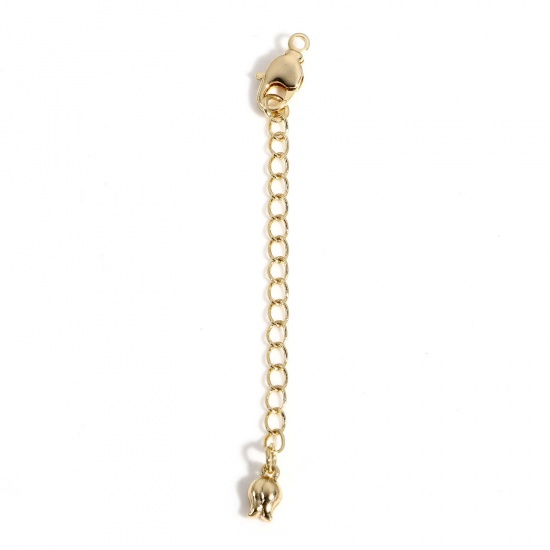 Picture of 2 PCs Brass Extender Chain Tulip Flower 18K Real Gold Plated With Lobster Claw Clasp 7.2cm                                                                                                                                                                    
