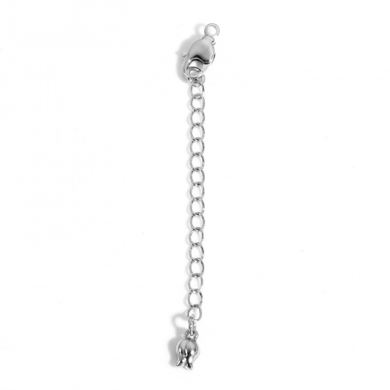 Picture of 2 PCs Brass Extender Chain Tulip Flower Real Platinum Plated With Lobster Claw Clasp 7.2cm                                                                                                                                                                    