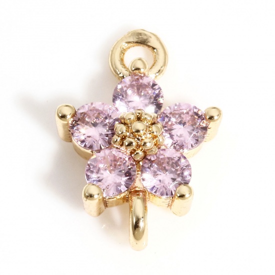 Picture of 2 PCs Brass Connectors Charms Pendants Flower 18K Real Gold Plated Pink Cubic Zirconia 12mm x 8mm                                                                                                                                                             
