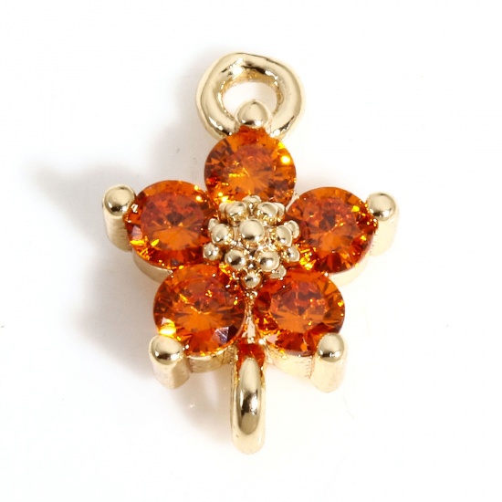 Picture of 2 PCs Brass Connectors Charms Pendants Flower 18K Real Gold Plated Orange Cubic Zirconia 12mm x 8mm                                                                                                                                                           
