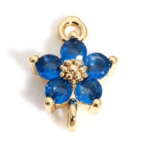 Picture of 2 PCs Brass Connectors Charms Pendants Flower 18K Real Gold Plated Royal Blue Cubic Zirconia 12mm x 8mm                                                                                                                                                       