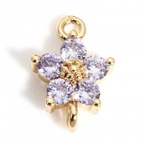 Picture of 2 PCs Brass Connectors Charms Pendants Flower 18K Real Gold Plated Mauve Cubic Zirconia 12mm x 8mm                                                                                                                                                            